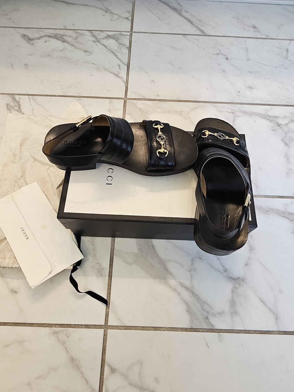 Gucci Black Leather Horsebit Slide Sandals